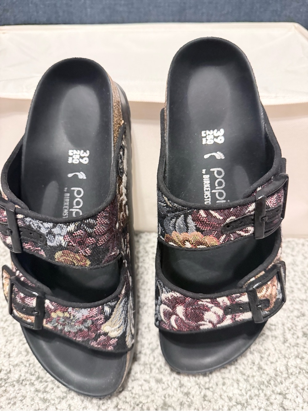 Birkenstock Floral Tapestry Double-Buckle Mules in Black